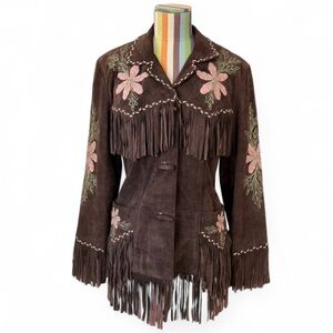 Absolutely Bonkers Alan Michael USA Brown Fringe Suede Floral Embroidery Jacket